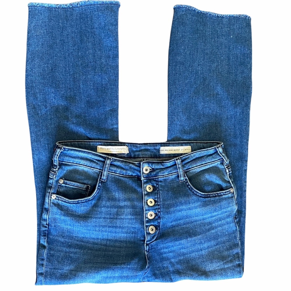 Pilcro Anthropologie Button Fly High Rise Boot Cut Jean Blue 30x28 Petite